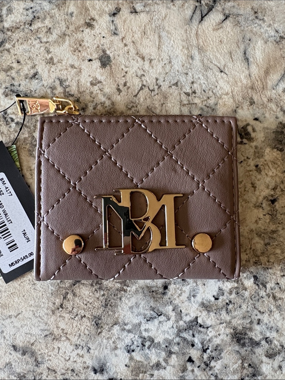 Badgley Mischka Quilted Taupe Short Card Wallet NWT